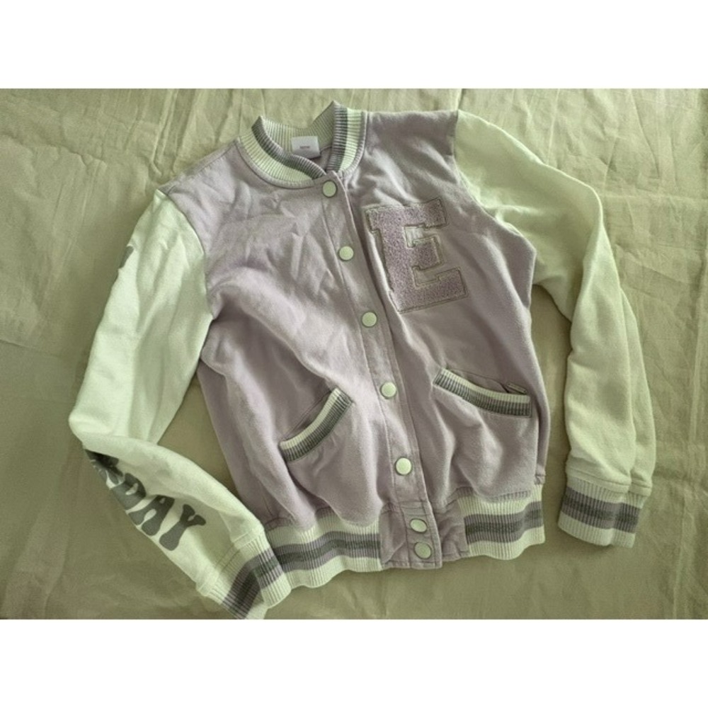 Nauty Blue Girls Varsity Jacket Sz XS Lavender White Snap Front Bomber Letter E